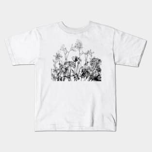 Black White Wild Flowers Botanical Pattern Illustration Vintage Kids T-Shirt